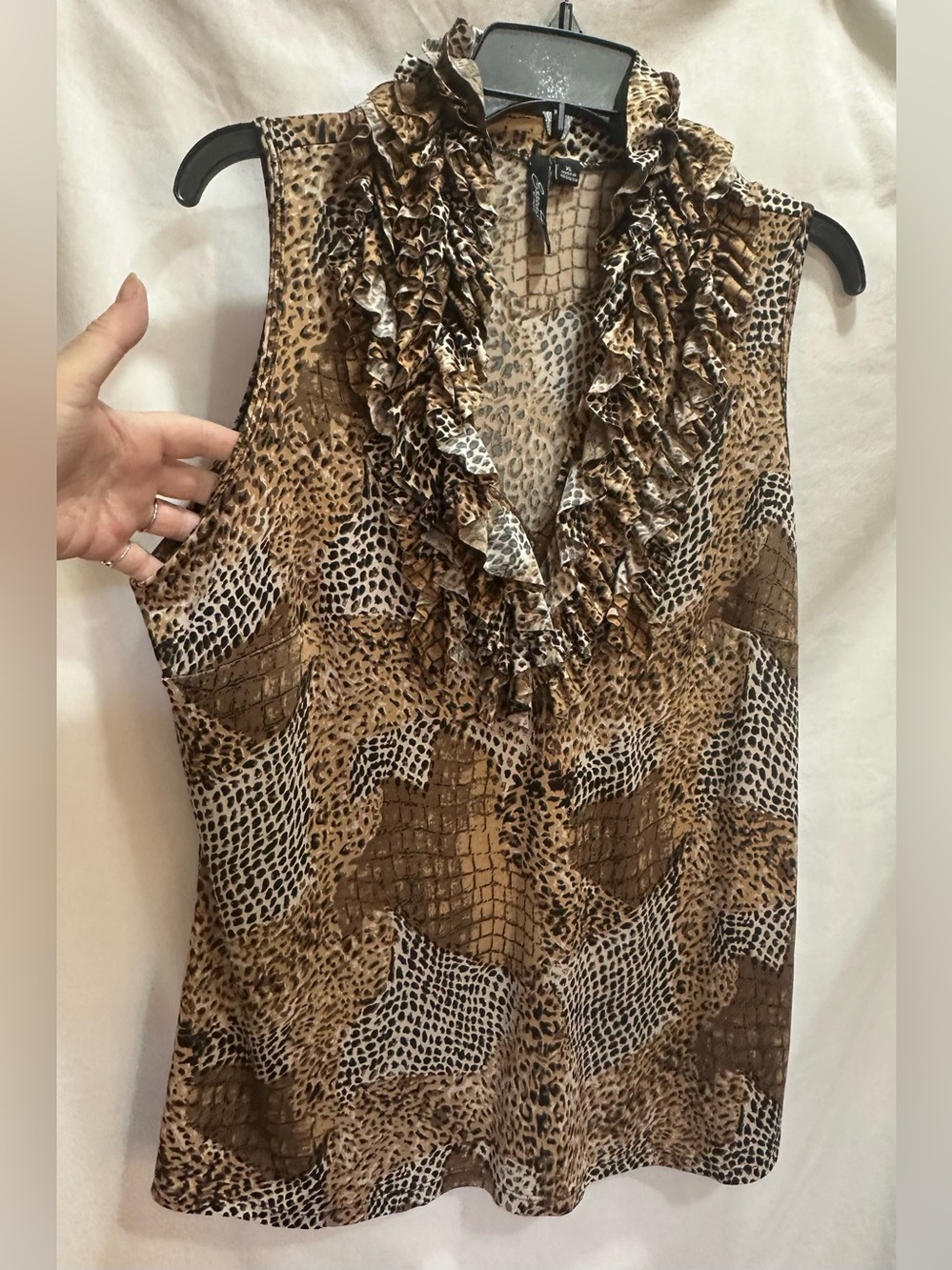 Essentials by Milano Ruffled Neck Animal Print Camisole - Brown